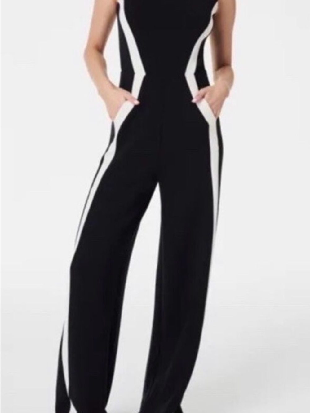 SPANX AirEssentials Black Sleeveless Wide-Leg Jumpsuit with White Side Panels